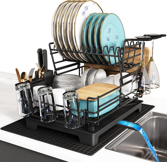 BOOSINY 2 Tier Black Large Stainless Steel Dish Drainers Drying Rack for Kitchen Counter with Drainboard, Rust Proof Metal, Space Saving, Modern Aesthetic, Compact Plates Strainers with Extra Mat